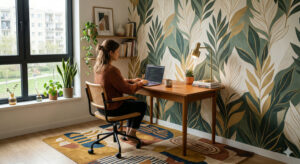 Nowoczesne domowe biuro z kobietą pracującą przy drewnianym biurku. Ściana ozdobiona tapetą winylową w duże zielone i beżowe liście, podłoga z geometrycznym dywanem w stylu vintage. Wszystkie dodatki ze sklepu Dywany Witek.