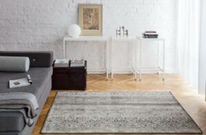 Jasnoszary dywan z delikatnym ornamentem ułożony na drewnianym parkiecie w salonie, dostępny w ofercie Dywany Witek.