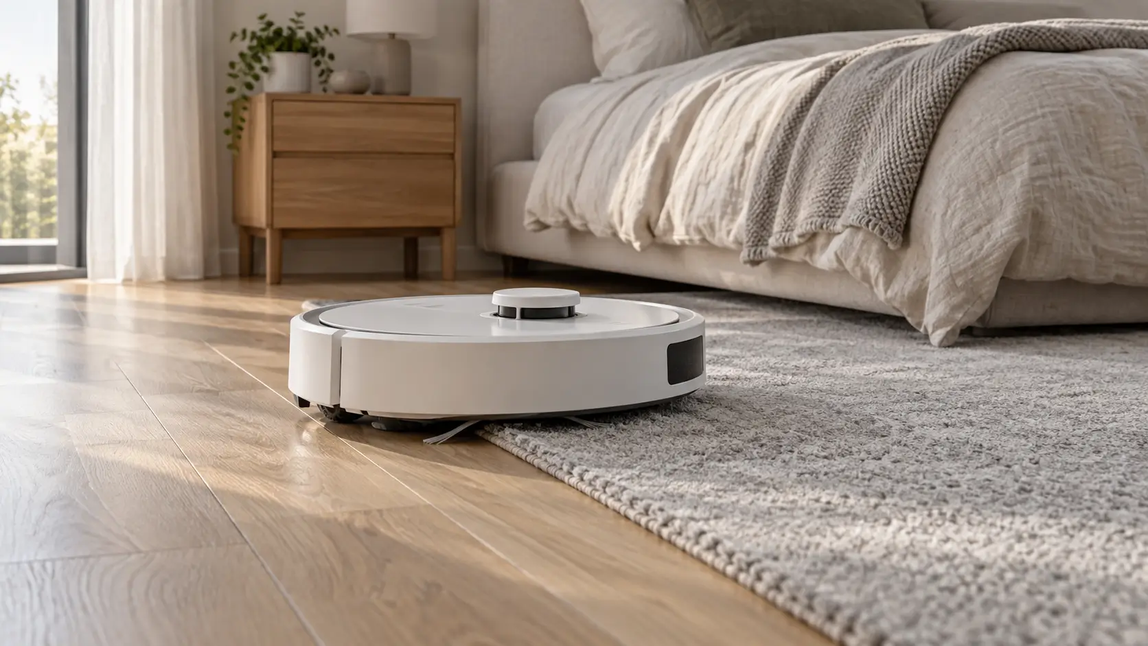 Jaki dywan przy łóżku wybrać, jeśli w domu pracuje robot sprzątający?
